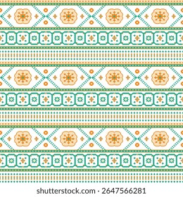 Patrón de rayas florales sin costuras con motivos de flores de patrón geométrico en naranja, verde y blanco. ideal para patrones de tela, patrones de diseño, Fondos de pantalla y estampados de embalaje