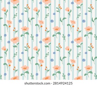 Seamless floral stripe pattern with pastel spring flowers, leaves and berries on soft striped background. Delicate vector design for textile, wallpaper, wrapping paper and home decor.