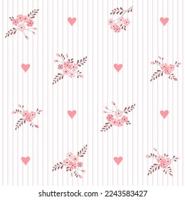 Seamless floral striped background. Little cute small flowers and hearts. Vector pattern for gift wrap, wallpaper, digital paper, fills, etc.