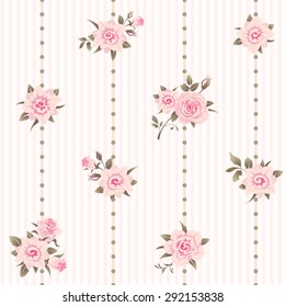 Seamless Floral Striped Background. Shabby Chic Style Pattern With Pink Roses.