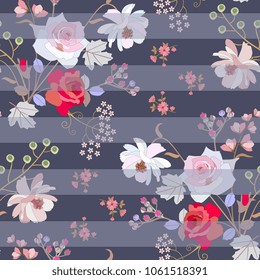 Seamless floral striped pattern with pink and red roses, gentle cosmos and umbrella flowers, bird cherry berries in vector. Fashionable print for fabric. Natural ornament.