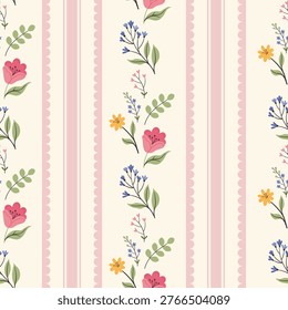 A seamless floral striped pattern with Regency-style flowers. Perfect for fabrics, wallpaper, packaging, and romantic country-style designs.