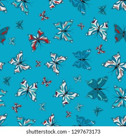 Seamless floral summer pattern background on white, blue and black colors. Vector. Pictures witg tropical butterflies. Perfect for wallpapers, web page backgrounds, surface textures, textile.