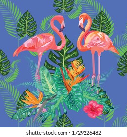 seamless floral summer pattern background with tropical palm leaves, flamingo, hibiscus