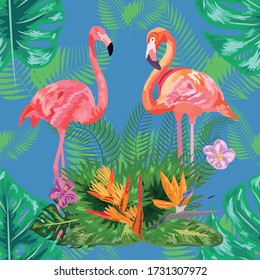 fondo fluido de patrón de verano floral con hojas de palma tropicales, flamingo, hibiscus
