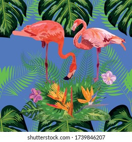 seamless floral summer pattern background with tropical palm leaves, flamingo, hibiscus