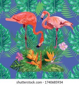 seamless floral summer pattern background with tropical palm leaves, flamingo, hibiscus