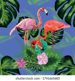 fondo fluido de patrón de verano floral con hojas de palma tropicales, flamingo, hibiscus