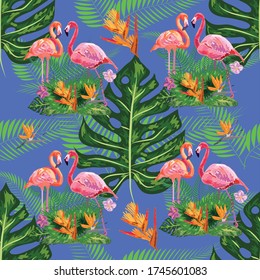 fondo fluido de patrón de verano floral con hojas de palma tropicales, flamingo, hibiscus