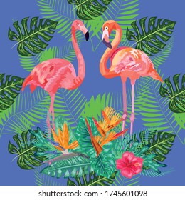 seamless floral summer pattern background with tropical palm leaves, flamingo, hibiscus