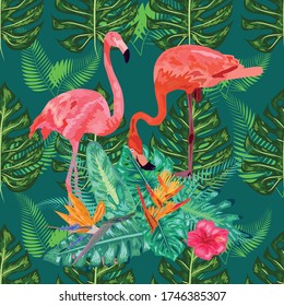 fondo fluido de patrón de verano floral con hojas de palma tropicales, flamingo, hibiscus