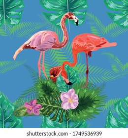 seamless floral summer pattern background with tropical palm leaves, flamingo, hibiscus