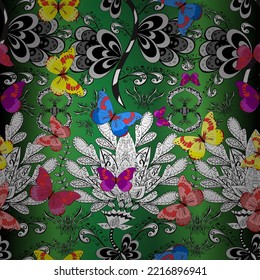 Seamless floral summer pattern background on pleasant colors. Pictures witg tropical butterflies. Perfect for wallpapers, web page backgrounds, surface textures, textile. vector  