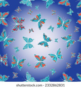 Seamless floral summer pattern background on pleasant colors. Pictures witg tropical butterflies. Perfect for wallpapers, web page backgrounds, surface textures, textile. vector. Blue.  