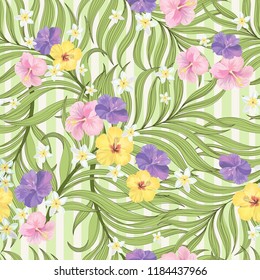	
Seamless floral summer pattern with palm leaves and tropical flowers.