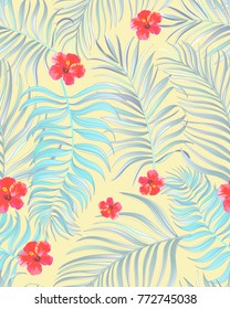 Seamless floral summer pattern with palm leaves and tropical flowers.