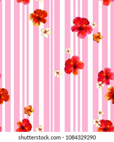 Seamless floral summer pattern with stripes and tropical flowers.