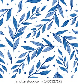 Seamless floral summer pattern. Vector branches with blue leaves. Simple design for fabrics, wallpapers, textiles, web design. Isolated on white.