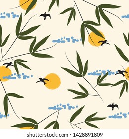 Seamless floral surface pattern with bamboo leaves on sky background