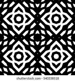 Seamless floral surface pattern design. White symmetric figures on black background. Repeating stylized flowers and different forms abstract. Digital paper for web design, textile print. Vector art