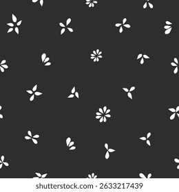 Padrão de superfície floral sem costura com elementos de flor branca no fundo cinza de carvão vegetal. ideal para envoltório de presente, arte de parede, impressão de tecido, decoração de superfície mínima.