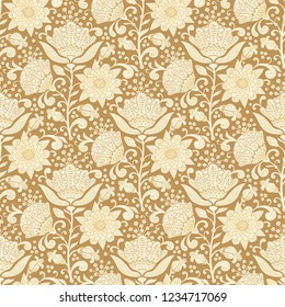 Seamless floral tapestry pattern. Vector background with bouquets of flowers and leaves for wallpaper, digital paper, fills, print onto fabric, etc.