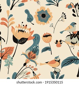 Patrón textil floral sin foco. Fantasía floral para tela con flores, hojas, plantas, brotes y pájaros. 