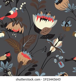 Seamless floral textile pattern. Floral fantasy for fabric with flowers, leaves, plants, buds and birds. 