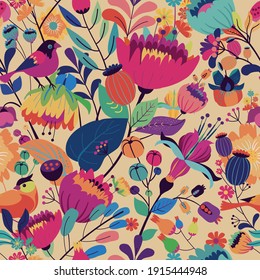 Seamless floral textile pattern. Floral fantasy for fabric with flowers, leaves, plants, buds and birds. 