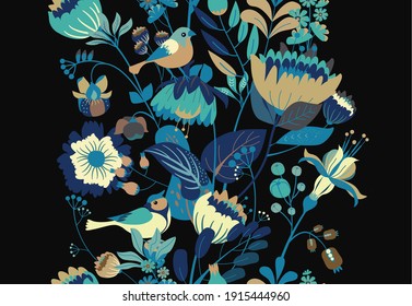 Seamless floral textile pattern. Floral fantasy for fabric with flowers, leaves, plants, buds and birds. 