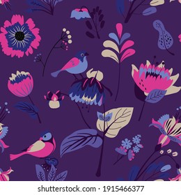 Patrón textil floral sin foco. Fantasía floral para tela con flores, hojas, plantas, brotes y pájaros. 