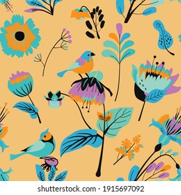 Seamless floral textile pattern. Floral fantasy for fabric with flowers, leaves, plants, buds and birds. 