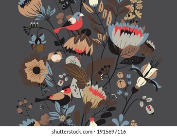 Seamless floral textile pattern. Floral fantasy for fabric with flowers, leaves, plants, buds and birds. 