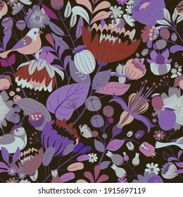 Seamless floral textile pattern. Floral fantasy for fabric with flowers, leaves, plants, buds and birds. 