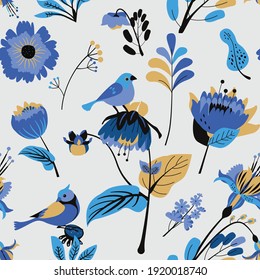 Seamless floral textile pattern. Floral fantasy for fabric with flowers, leaves, plants, buds and birds. 