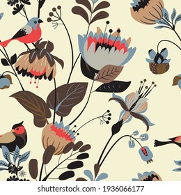 Seamless floral textile pattern. Floral fantasy for fabric with flowers, leaves, plants, buds and birds. 