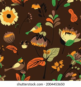 Seamless floral textile pattern. Floral fantasy for fabric with flowers, leaves, plants, buds and birds. 