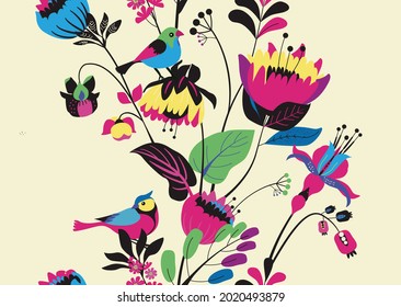 Seamless floral textile pattern. Floral fantasy for fabric with flowers, leaves, plants, buds and birds. 
