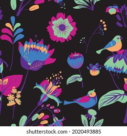 Seamless floral textile pattern. Floral fantasy for fabric with flowers, leaves, plants, buds and birds. 