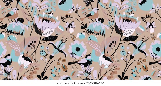 Patrón textil floral sin foco. Fantasía floral para tela con flores, hojas, plantas, brotes y pájaros. 