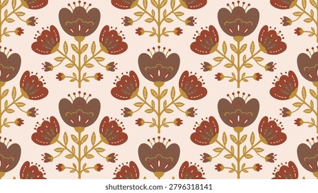 Seamless floral textile pattern with stylized brown and red flowers and gold stems on pale pink background