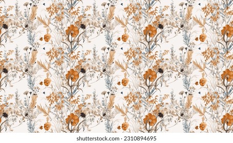 Seamless floral textile pattern with vintage dry flowers. Floral fabric