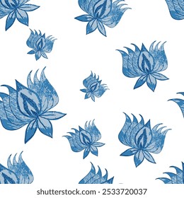 Seamless floral texture with blue theme creative ornamental outline lotus flowers on white background. Simple pencil drawing Flower design.