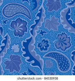 Seamless floral texture leaves and paisley in blue