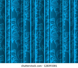 Seamless floral texture on the blue volumetric curtains (background). Vintage floral texture (drapes).