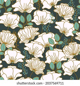 Seamless floral texture with outlined hand drawn flowers and leaves. Elegant pattern for fabric, textile, wallpaper.