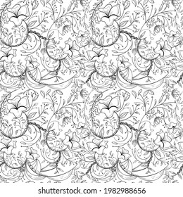 SEAMLESS FLORAL TEXTURE PATTERN BLACK AND WHITE LINE ART. Seamless henna design floral and leaves pattern texture.