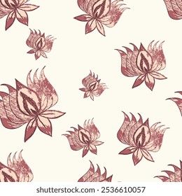 Seamless floral texture with summer red creative ornamental outline lotus flowers on white background. Simple pencil drawing Flower design.