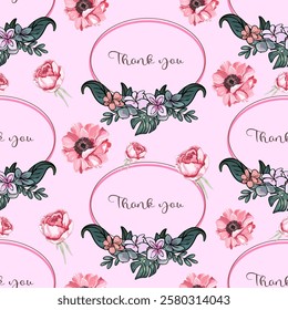 Seamless Floral Thank You Pattern with Pink Flowers. Elegant Thank You Design with Roses and Greenery. Hand-Drawn Floral Frames with Thank You Text