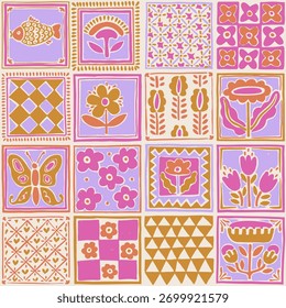 Patrón de azulejo floral sin fisuras. Cuadrados dibujados a mano con flores, peces y adornos populares. Paleta de colores retro.
